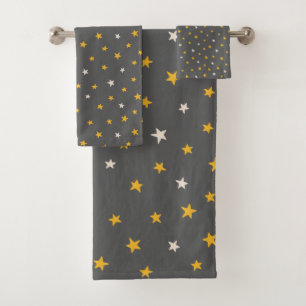 Modern grey pattern white yellow stars  bath towel set