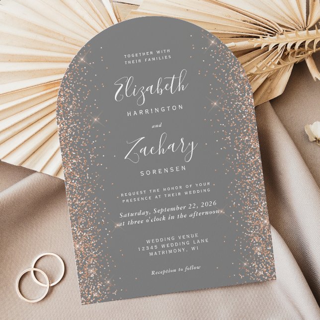 Modern Grey Peach Glitter Arch Wedding Invitation (Creator Uploaded)