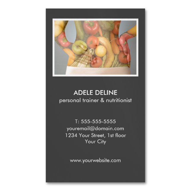 Modern Grey Personal Trainer and Nutritionist Magnetic Business Card (Front Vertical)