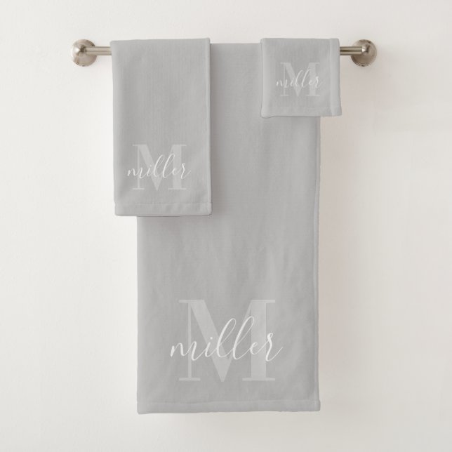 Modern Grey Personalised Family Name Monogram Bath Towel Set (Insitu)