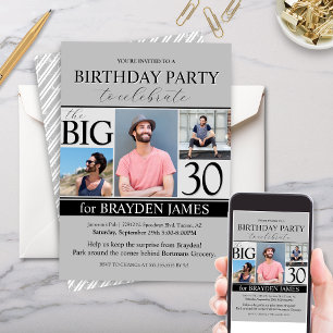 Modern Grey Photo Collage 30th Birthday Invitation