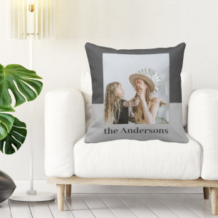 Modern Grey   Photo   Family Name Gift Cushion