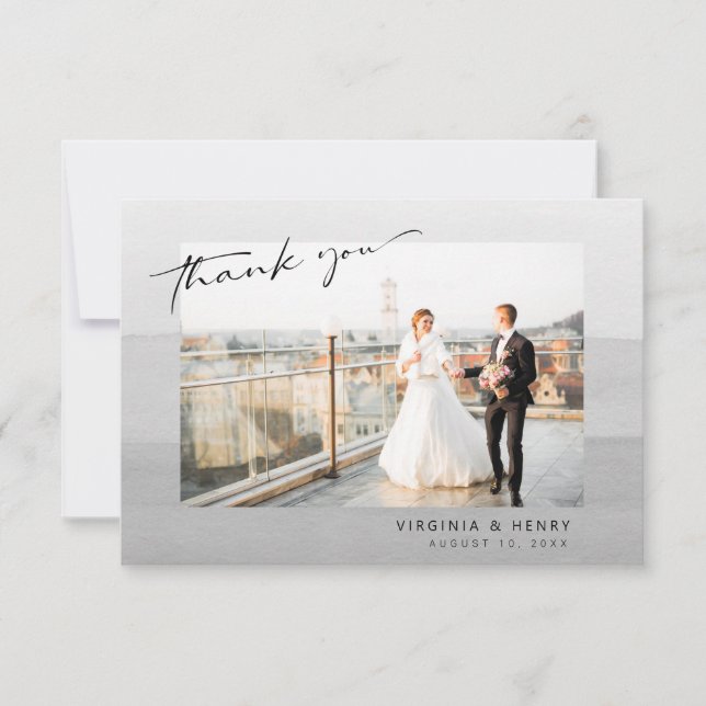 Modern Grey Photo Wedding Thank You Card (Front)