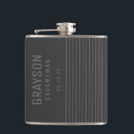 Modern Grey Pin Stripes Personalised Groomsman Hip Flask<br><div class="desc">Add a personal touch to your wedding with personalised groomsmen flask. This flask features personalised groomsman's name with title and date in grey. In classic modern font style, on dark grey background. Also perfect for best man, father of the bride and more. Message me if you need assistance or have...</div>