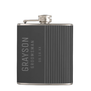 Modern Grey Pin Stripes Personalised Groomsman Hip Flask