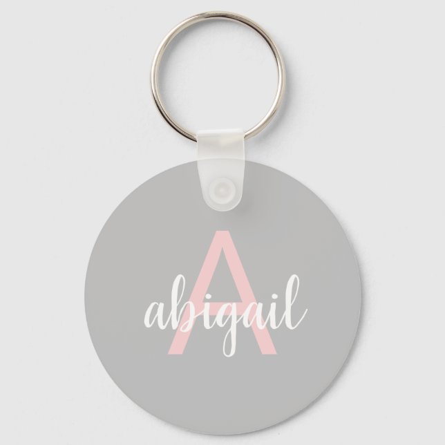 Modern Grey Pink Stylish Monogram Name and Initial Key Ring (Front)