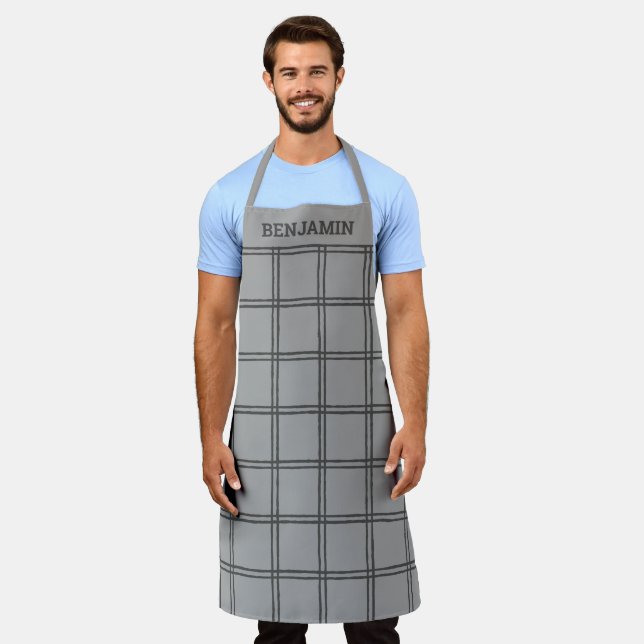 Modern Grey Plaid Lines Personalised Dad Cook Apron (Worn)