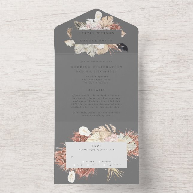 Modern Grey Premium Wreath Pampas Ultimate Wedding All In One Invitation (Inside)