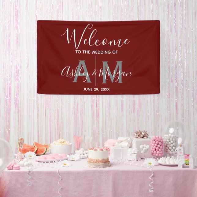 Modern Grey & Red Couples Monogram Wedding Banner (Party)