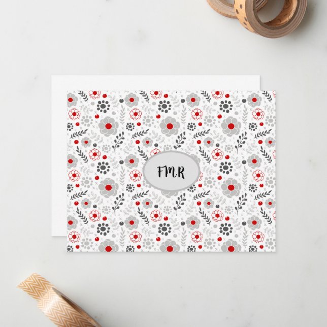 Modern Grey Red Floral Monogram Card (Front/Back In Situ)