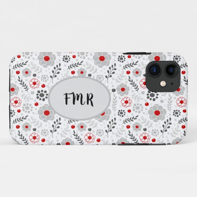 Modern Grey Red Floral Monogram Case-Mate iPhone Case (Back (Horizontal))