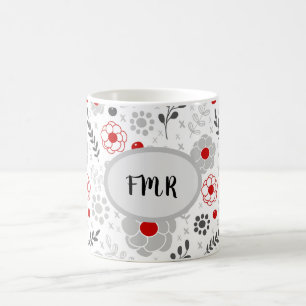 Modern Grey Red Floral Monogram Coffee Mug