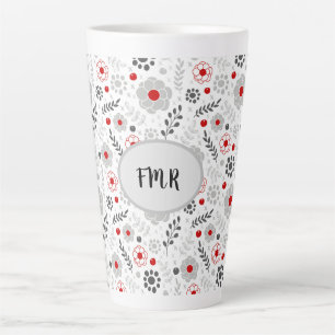 Modern Grey Red Floral Monogram Latte Mug