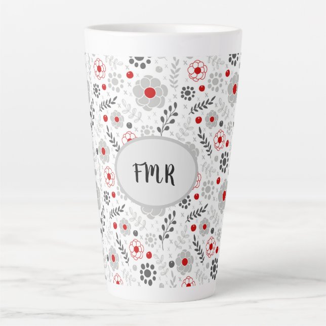 Modern Grey Red Floral Monogram Latte Mug (Front)