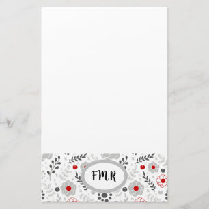 Modern Grey Red Floral Monogram Stationery