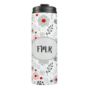 Modern Grey Red Floral Monogram Thermal Tumbler