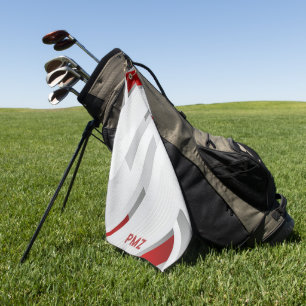 Modern Grey Red Geometric Monogram Golf Towel