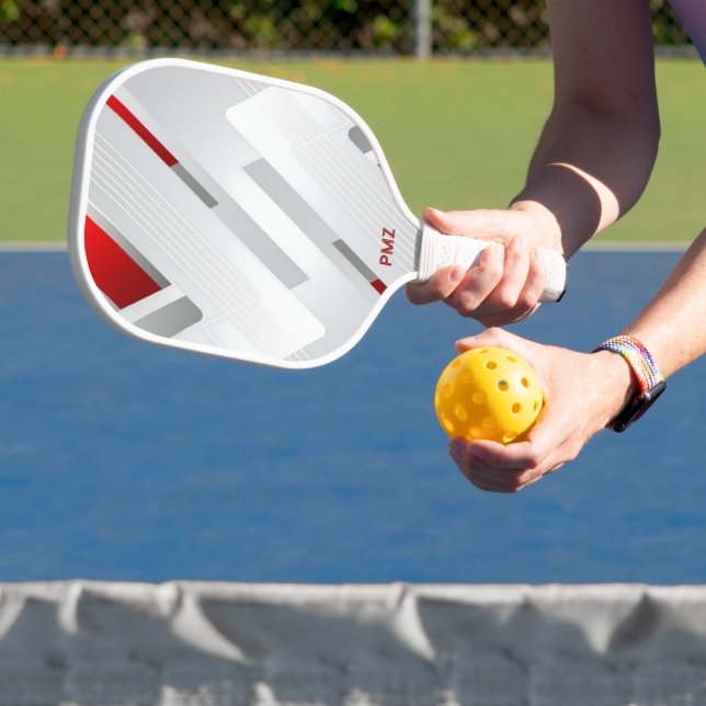 Modern Grey Red Geometric Monogram Pickleball Paddle (Insitu)