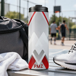 Modern Grey Red Geometric Monogram Thermal Tumbler