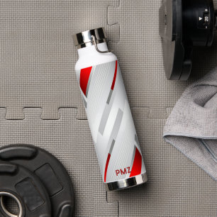 Modern Grey Red Geometric Monogram Water Bottle