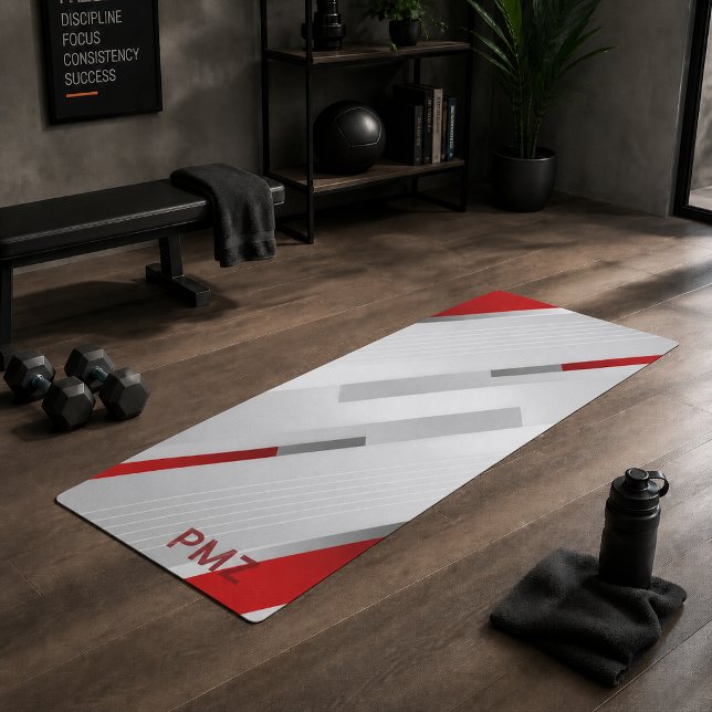 Modern Grey Red Geometric Monogram Yoga Mat (Creator Uploaded)