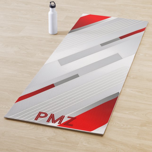 Modern Grey Red Geometric Monogram Yoga Mat (In Situ)