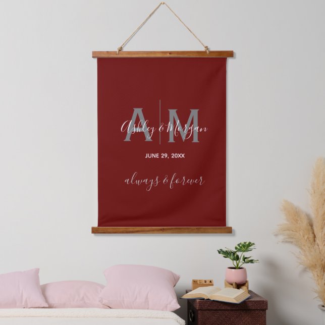 Modern Grey & Red  Monogram Wedding   Hanging Tapestry (Bedroom)