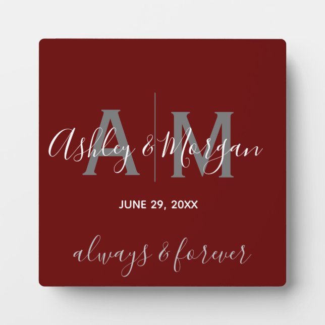 Modern Grey & Red  Monogram Wedding Keepsake  Plaque (Front)