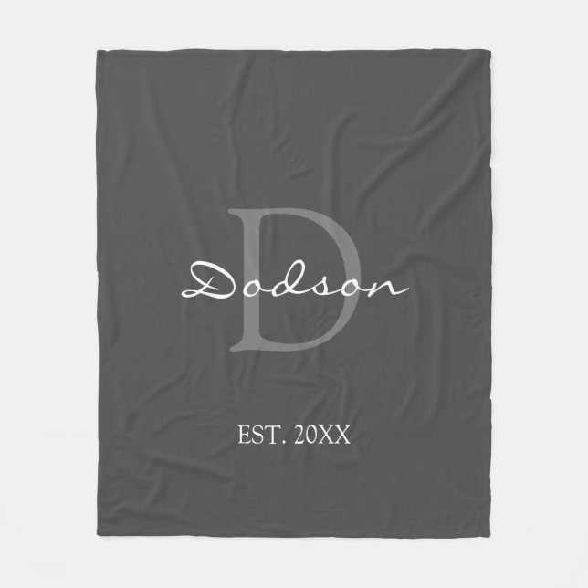 Modern Grey Script Monogram Name Fleece Blanket (Front)