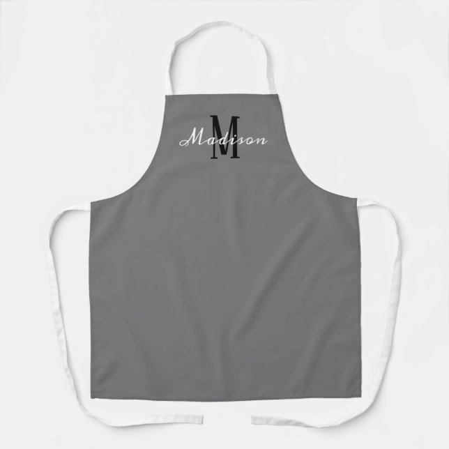 Modern Grey Script Monogram Personalised Kitchen Apron (Front)