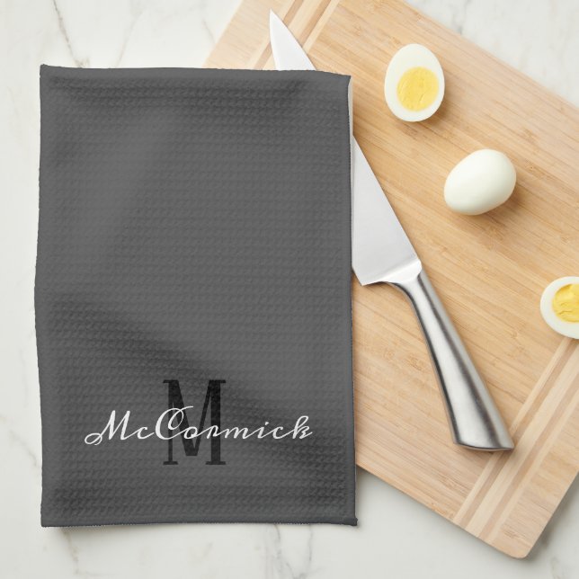 Modern Grey Script Monogram Personalised Name Tea Towel (Quarter Fold)