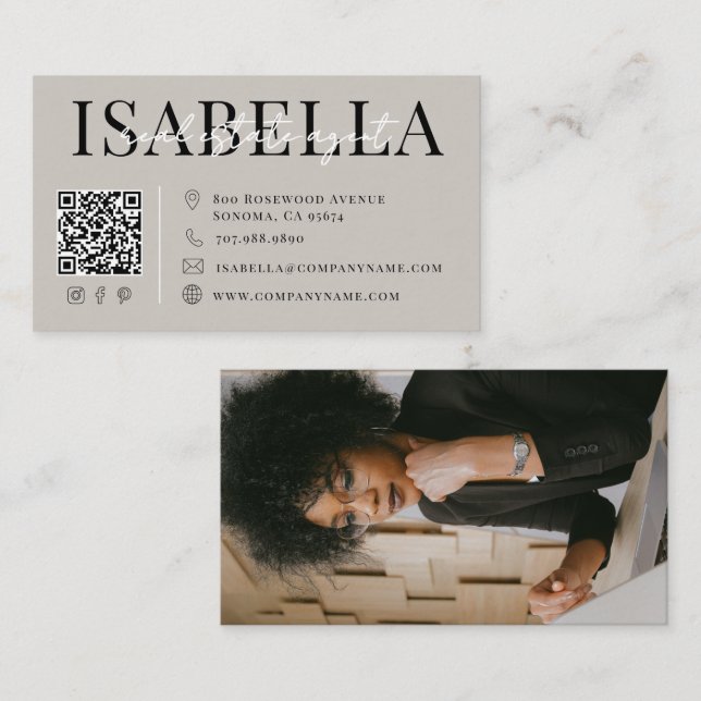 Modern Grey Script Photo Real Estate Agent Business Card (Front/Back)