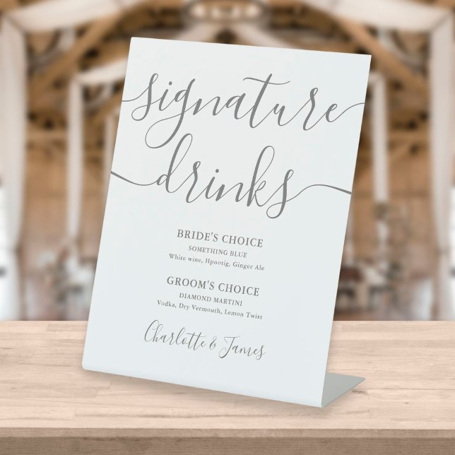 Modern Grey Script Wedding Signature Drinks Pedestal Sign (Creator Uploaded)