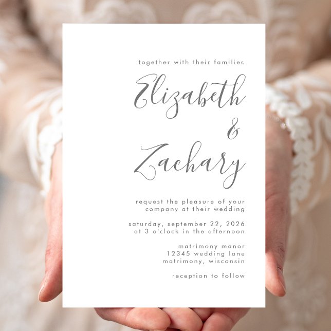 Modern Grey Script White Wedding Invitation (Creator Uploaded)