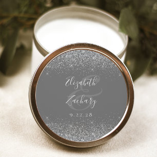 Modern Grey Silver Glitter Edge Wedding Classic Round Sticker