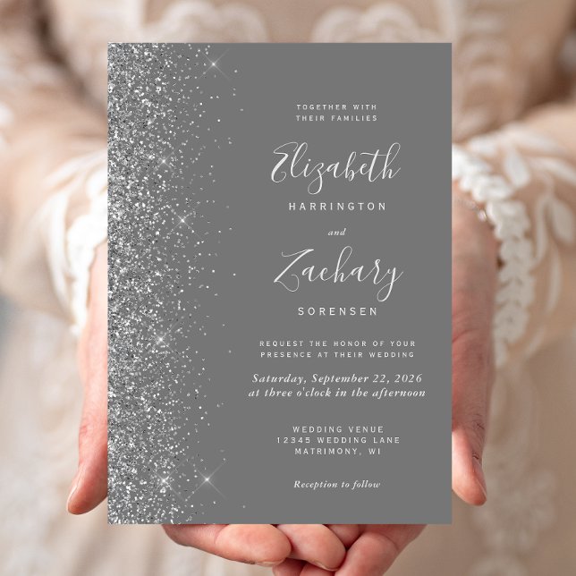Modern Grey Silver Glitter Edge Wedding Invitation (Creator Uploaded)