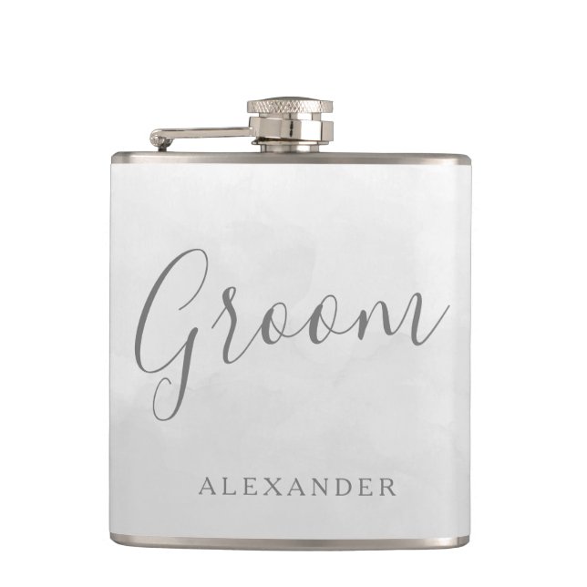 Modern Grey Silver Grooms Wedding Favour Name Gift Hip Flask (Front)