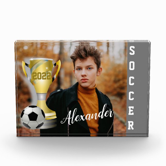 Modern Grey Soccer Sports Photo & Name for him Block (Front)