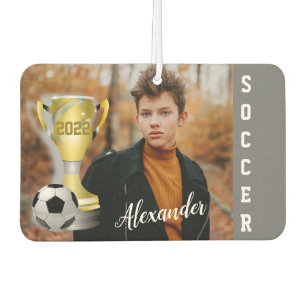 Modern Grey Soccer Sports Photo & Name For Him  Car Air Freshener