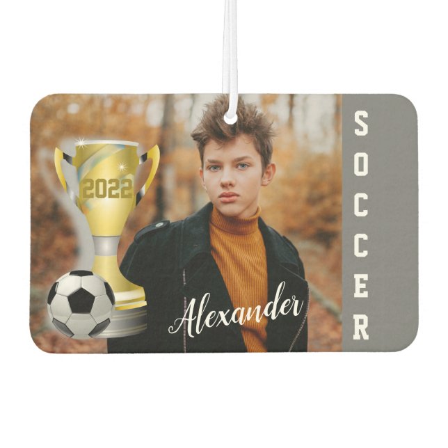 Modern Grey Soccer Sports Photo & Name For Him  Car Air Freshener (Front)