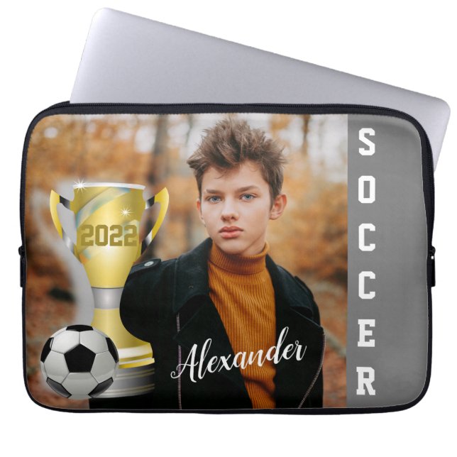 Modern Grey Soccer Sports Photo & Name for him Laptop Sleeve (Front)