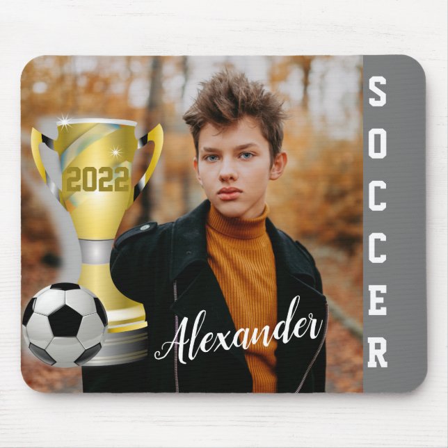 Modern Grey Soccer Sports Photo & Name for him Mouse Mat (Front)