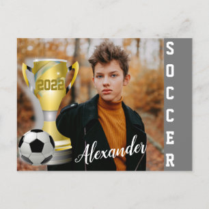 Modern Grey Soccer Sports Photo & Name for him Postcard