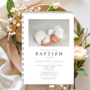 Modern Grey Stripes Boy Baptism Photo Invitation
