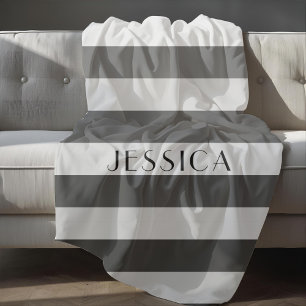 Modern Grey Stripes Name Fleece Blanket