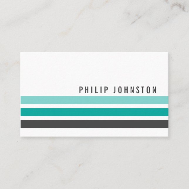 Modern grey teal aqua blue stripes stylish white business card (Front)