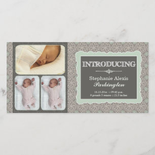 Modern grey teal flowers photo baby announcement