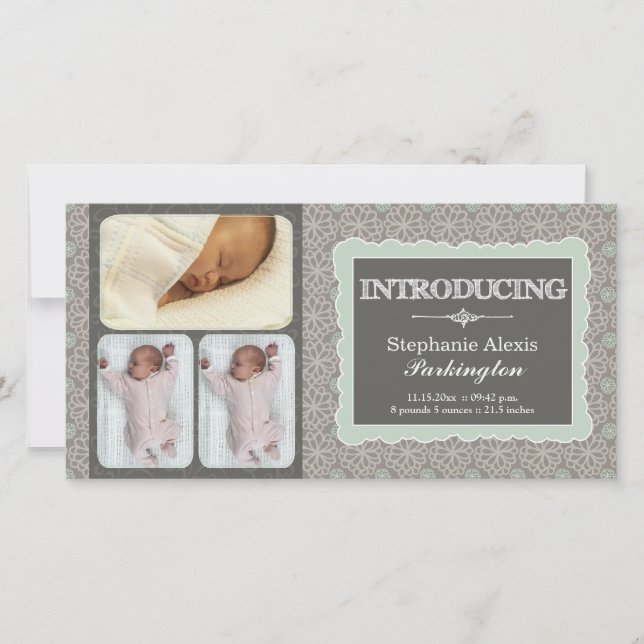 Modern grey teal flowers photo baby announcement (Front)