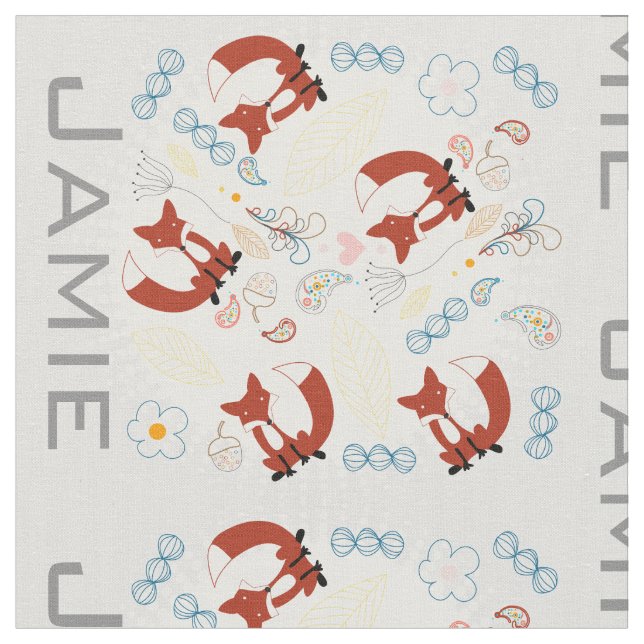 Modern Grey Teal Orange Personalised Fox Pattern Fabric (Close Up)