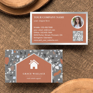 Modern Grey Terrazzo Real Estate Photo QR Code Business Card